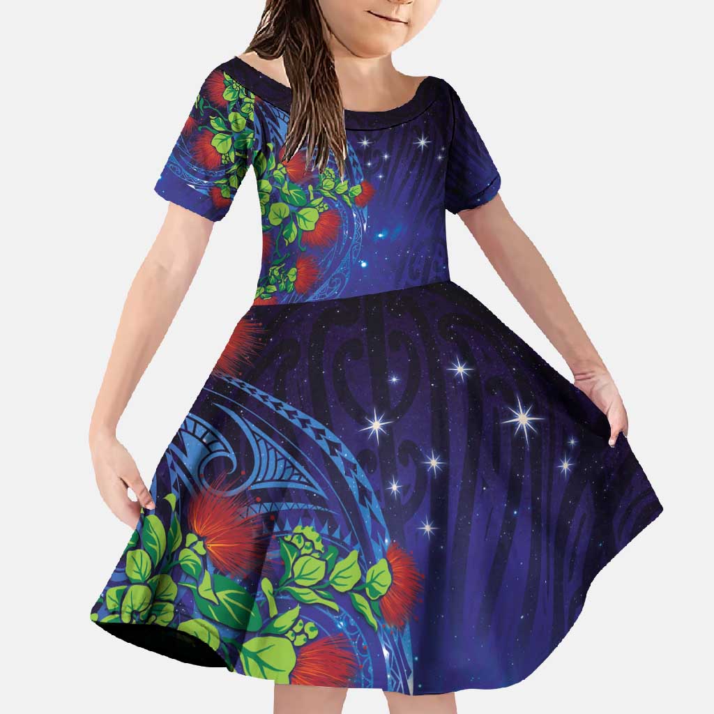 Matariki New Zealand Maori and Pohutukawa Family Matching Short Sleeve Bodycon Dress and Hawaiian Shirt Galaxy Blue Sky Style