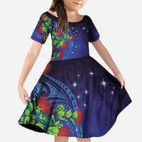 Matariki New Zealand Maori and Pohutukawa Family Matching Short Sleeve Bodycon Dress and Hawaiian Shirt Galaxy Blue Sky Style