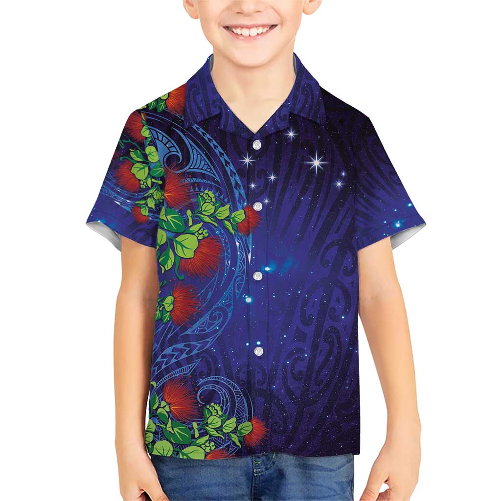 Matariki New Zealand Maori and Pohutukawa Family Matching Short Sleeve Bodycon Dress and Hawaiian Shirt Galaxy Blue Sky Style