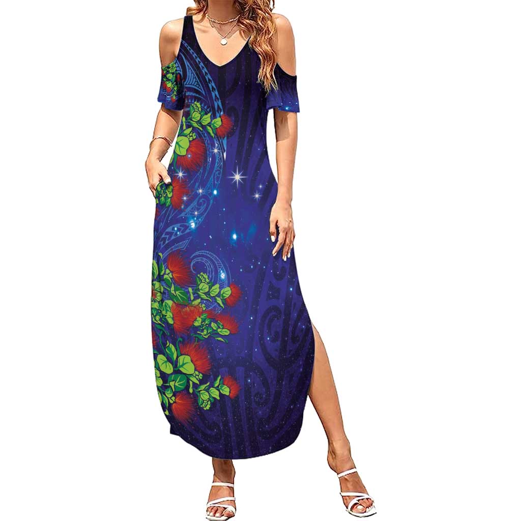 Matariki New Zealand Maori and Pohutukawa Family Matching Summer Maxi Dress and Hawaiian Shirt Galaxy Blue Sky Style