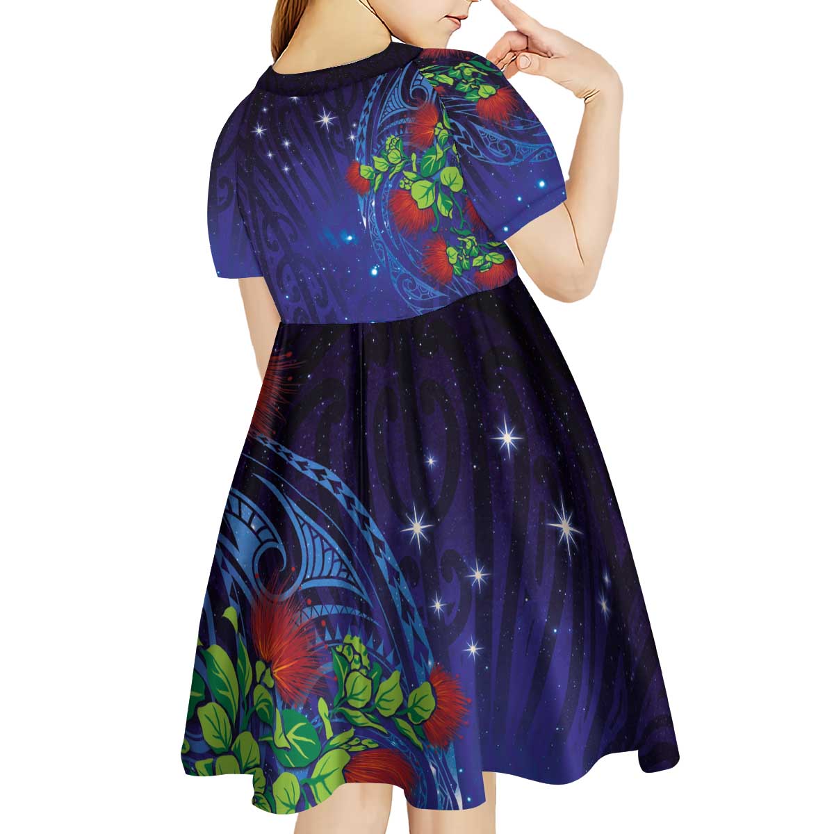 Matariki New Zealand Maori and Pohutukawa Kid Short Sleeve Dress Galaxy Blue Sky Style