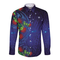 Matariki New Zealand Maori and Pohutukawa Long Sleeve Button Shirt Galaxy Blue Sky Style