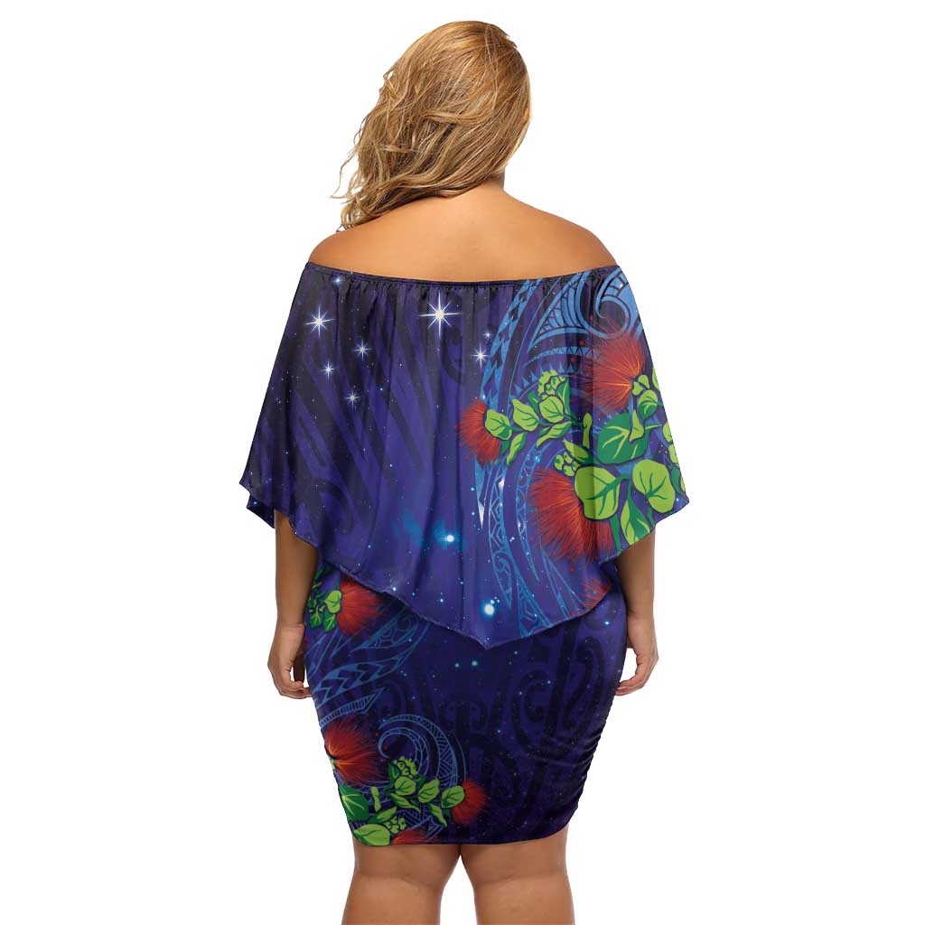 Matariki New Zealand Maori and Pohutukawa Off Shoulder Short Dress Galaxy Blue Sky Style