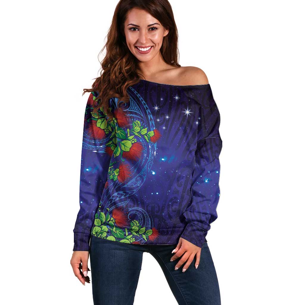 Matariki New Zealand Maori and Pohutukawa Off Shoulder Sweater Galaxy Blue Sky Style
