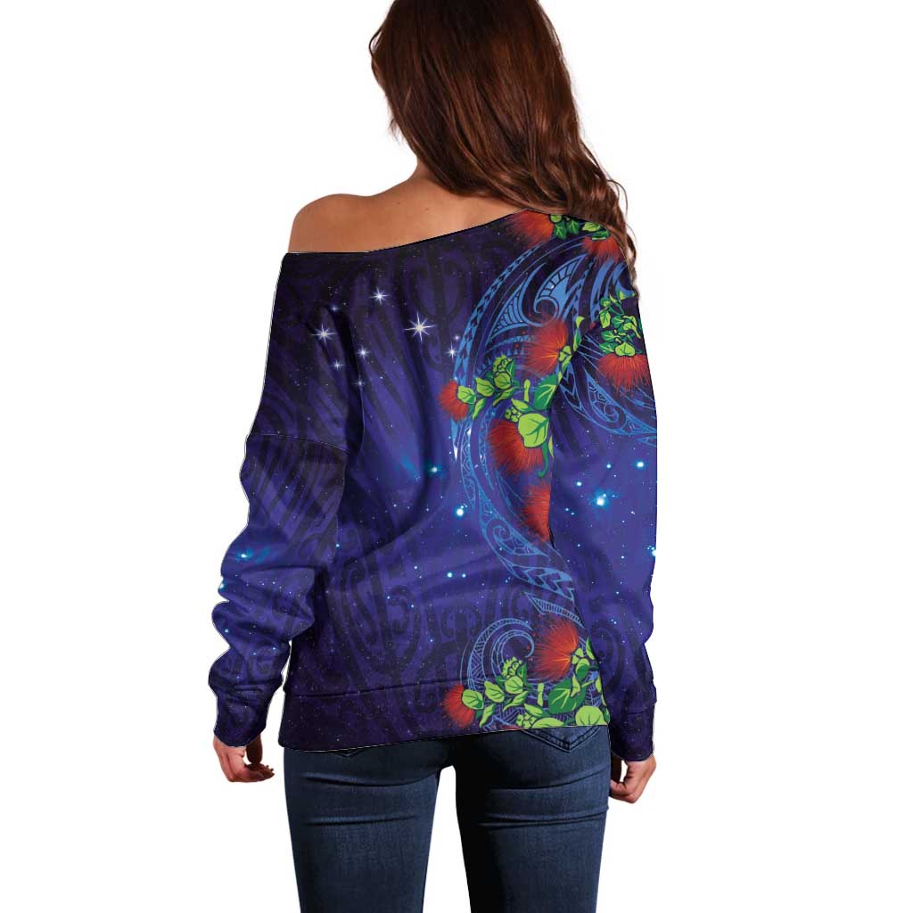 Matariki New Zealand Maori and Pohutukawa Off Shoulder Sweater Galaxy Blue Sky Style