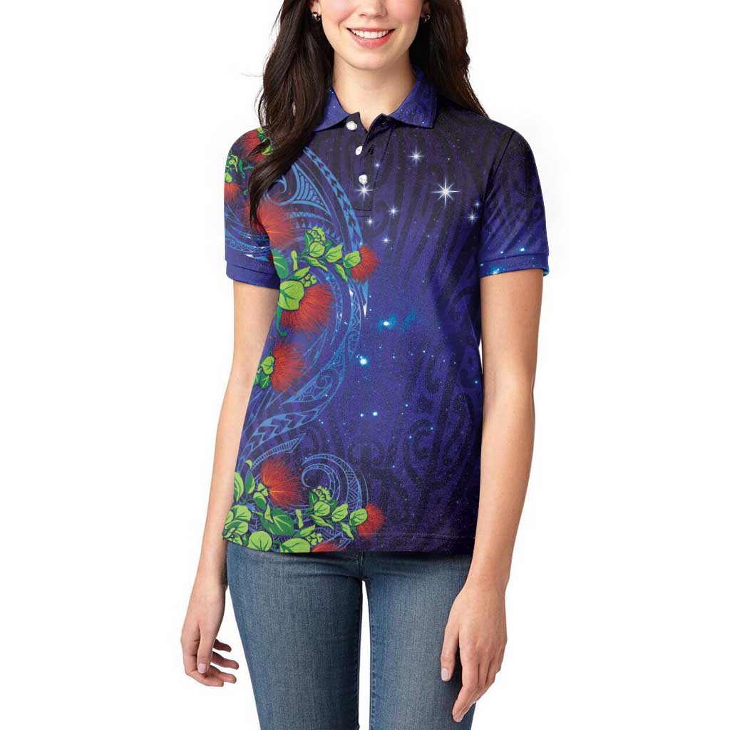 Matariki New Zealand Maori and Pohutukawa Women Polo Shirt Galaxy Blue Sky Style