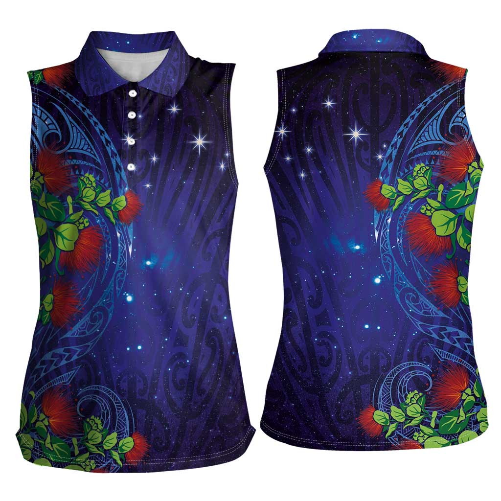Matariki New Zealand Maori and Pohutukawa Women Sleeveless Polo Shirt Galaxy Blue Sky Style