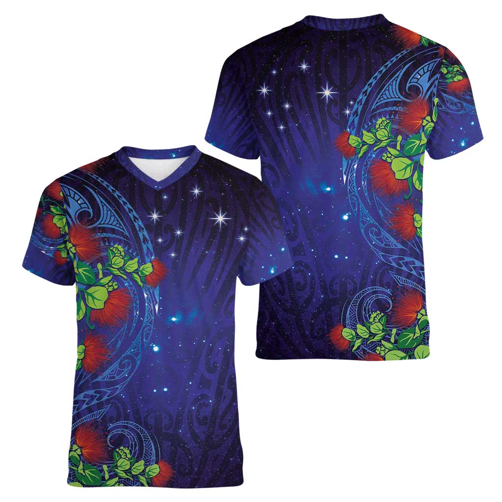 Matariki New Zealand Maori and Pohutukawa Women V-Neck T-Shirt Galaxy Blue Sky Style