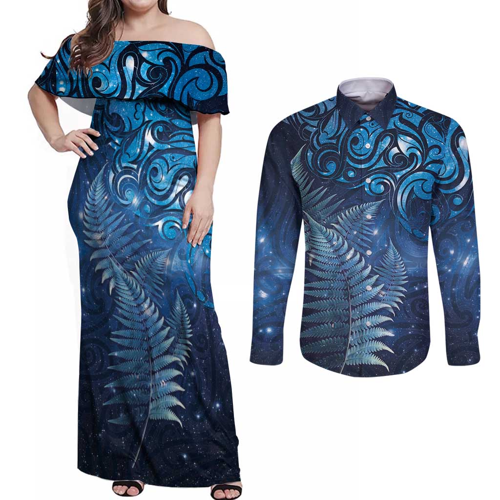 Matariki New Zealand Maori Silver Fern Couples Matching Off Shoulder Maxi Dress and Long Sleeve Button Shirt Galaxy Blue Sky Style