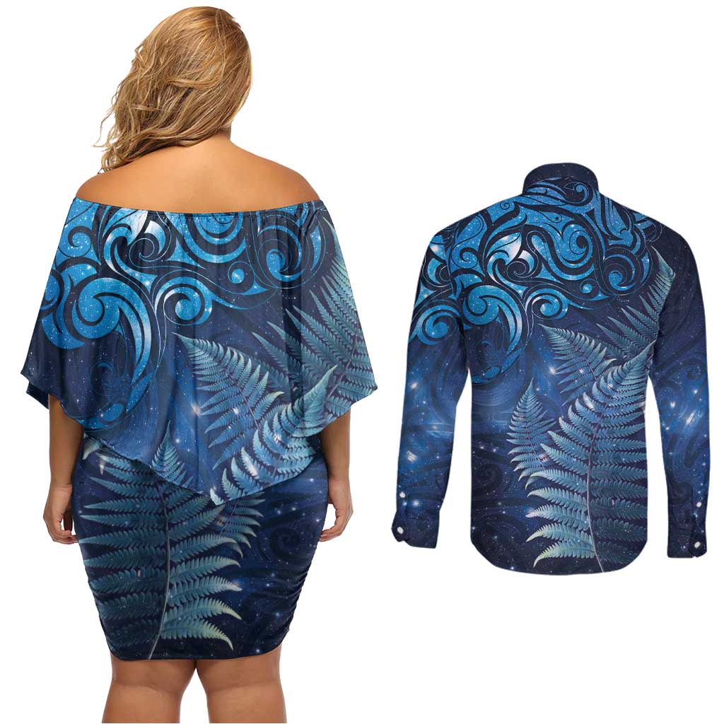 Matariki New Zealand Maori Silver Fern Couples Matching Off Shoulder Short Dress and Long Sleeve Button Shirt Galaxy Blue Sky Style