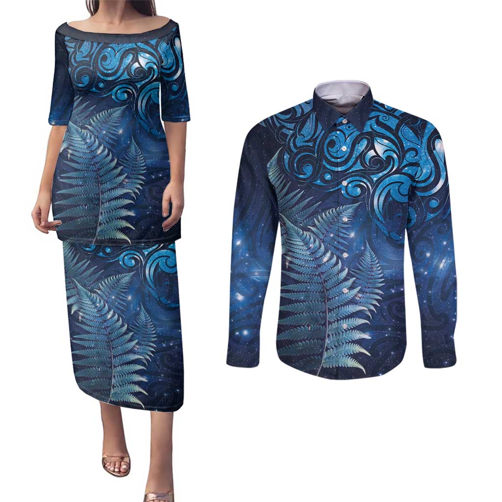 Matariki New Zealand Maori Silver Fern Couples Matching Puletasi and Long Sleeve Button Shirt Galaxy Blue Sky Style