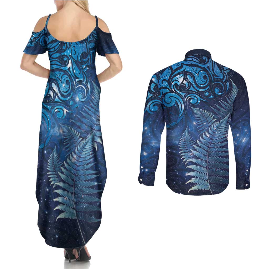 Matariki New Zealand Maori Silver Fern Couples Matching Summer Maxi Dress and Long Sleeve Button Shirt Galaxy Blue Sky Style