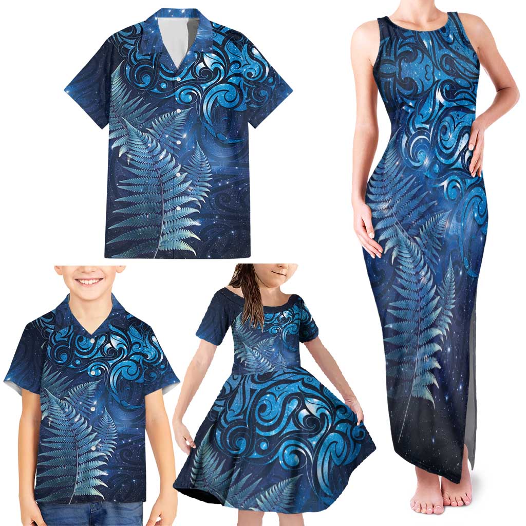 Matariki New Zealand Maori Silver Fern Family Matching Tank Maxi Dress and Hawaiian Shirt Galaxy Blue Sky Style