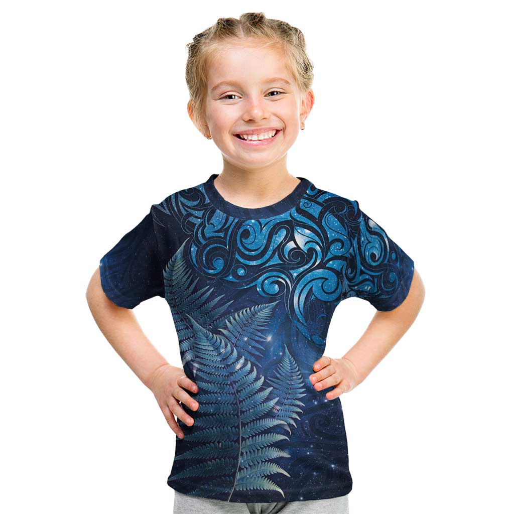 Matariki New Zealand Maori Silver Fern Kid T Shirt Galaxy Blue Sky Style