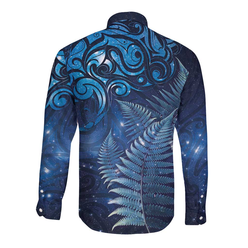 Matariki New Zealand Maori Silver Fern Long Sleeve Button Shirt Galaxy Blue Sky Style
