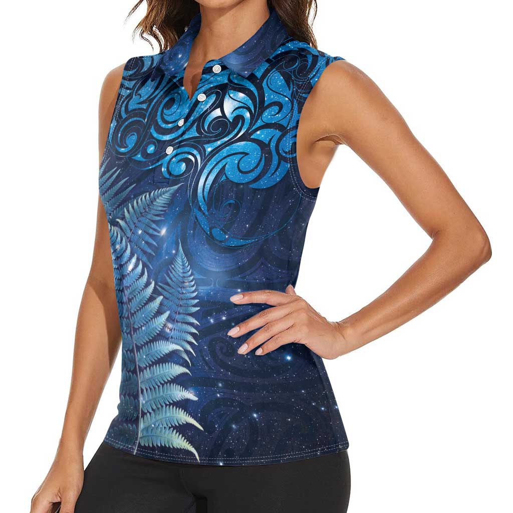 Matariki New Zealand Maori Silver Fern Women Sleeveless Polo Shirt Galaxy Blue Sky Style