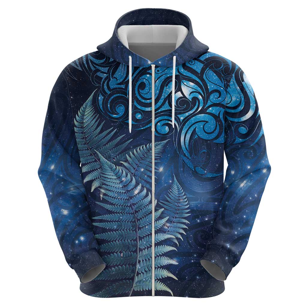 Matariki New Zealand Maori Silver Fern Zip Hoodie Galaxy Blue Sky Style