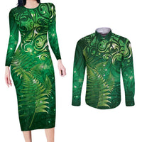 Matariki New Zealand Maori Silver Fern Couples Matching Long Sleeve Bodycon Dress and Long Sleeve Button Shirt Galaxy Green Sky Style
