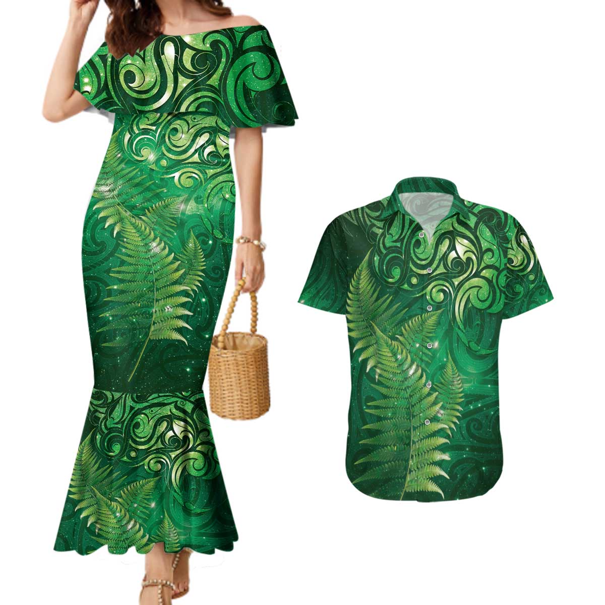 Matariki New Zealand Maori Silver Fern Couples Matching Mermaid Dress and Hawaiian Shirt Galaxy Green Sky Style