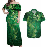Matariki New Zealand Maori Silver Fern Couples Matching Off Shoulder Maxi Dress and Hawaiian Shirt Galaxy Green Sky Style