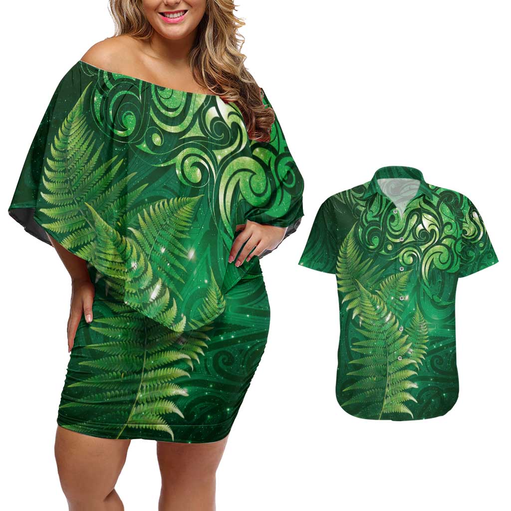 Matariki New Zealand Maori Silver Fern Couples Matching Off Shoulder Short Dress and Hawaiian Shirt Galaxy Green Sky Style