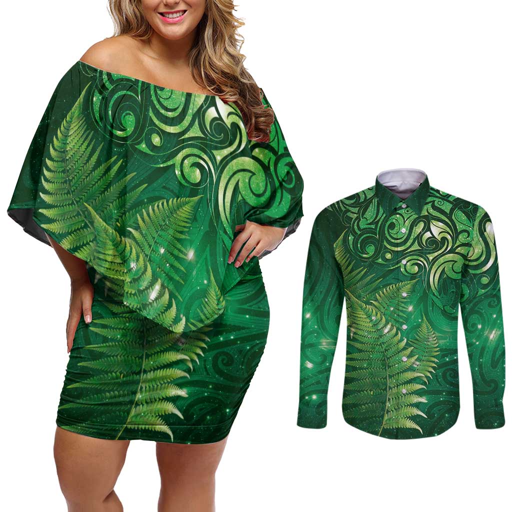 Matariki New Zealand Maori Silver Fern Couples Matching Off Shoulder Short Dress and Long Sleeve Button Shirt Galaxy Green Sky Style