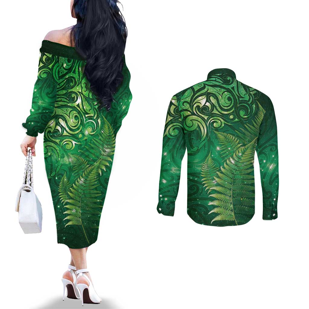 Matariki New Zealand Maori Silver Fern Couples Matching Off The Shoulder Long Sleeve Dress and Long Sleeve Button Shirt Galaxy Green Sky Style