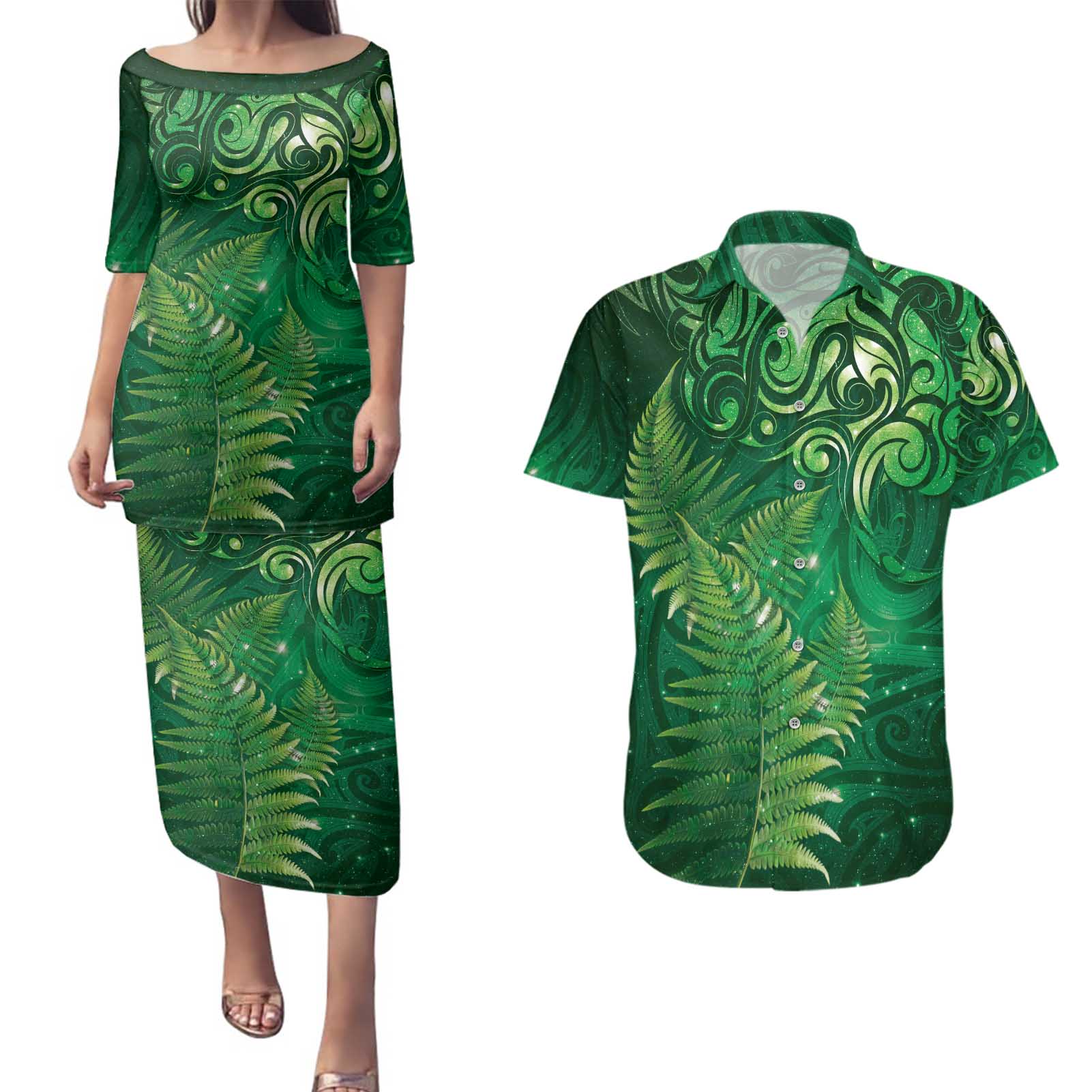 Matariki New Zealand Maori Silver Fern Couples Matching Puletasi and Hawaiian Shirt Galaxy Green Sky Style
