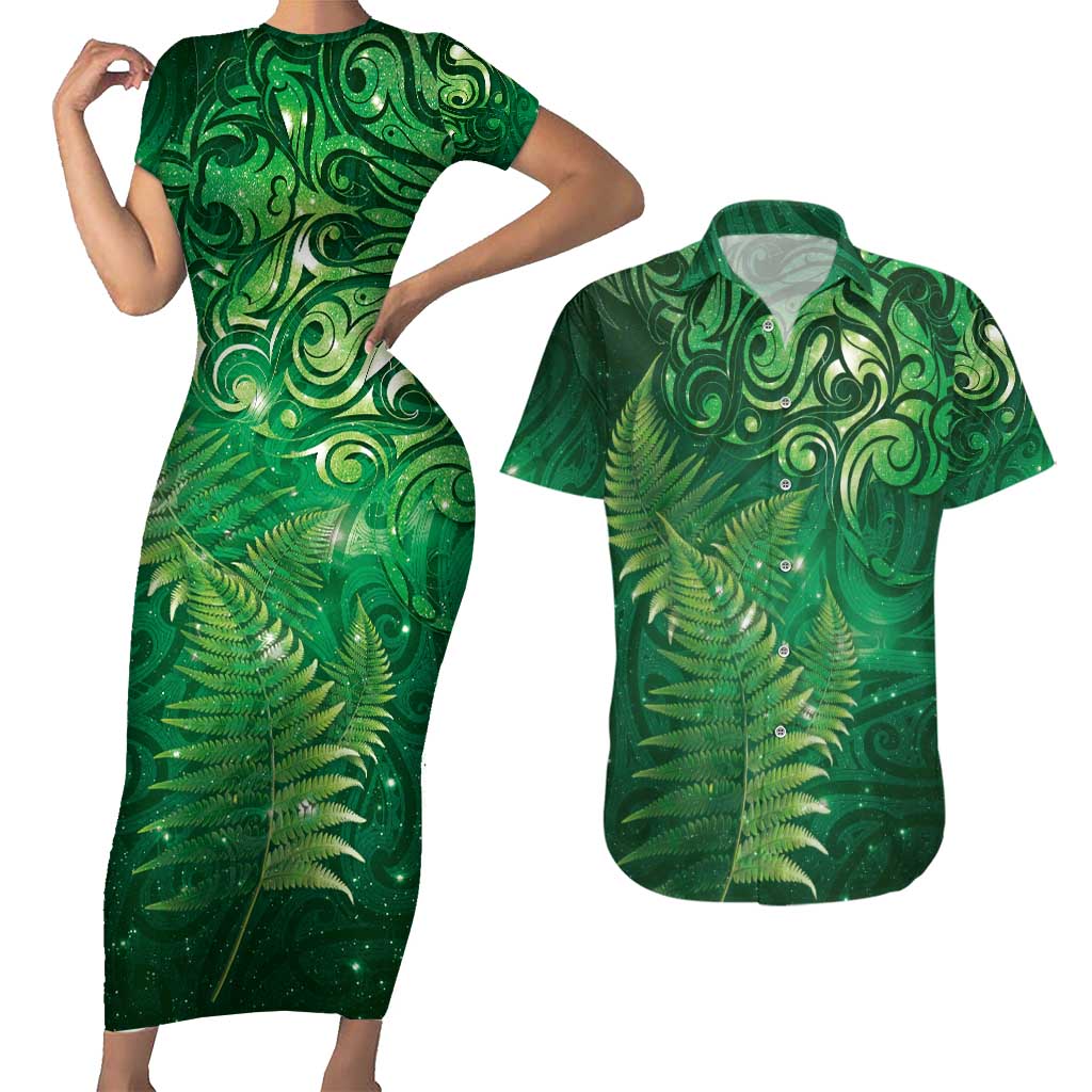 Matariki New Zealand Maori Silver Fern Couples Matching Short Sleeve Bodycon Dress and Hawaiian Shirt Galaxy Green Sky Style