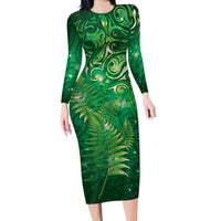 Matariki New Zealand Maori Silver Fern Family Matching Long Sleeve Bodycon Dress and Hawaiian Shirt Galaxy Green Sky Style