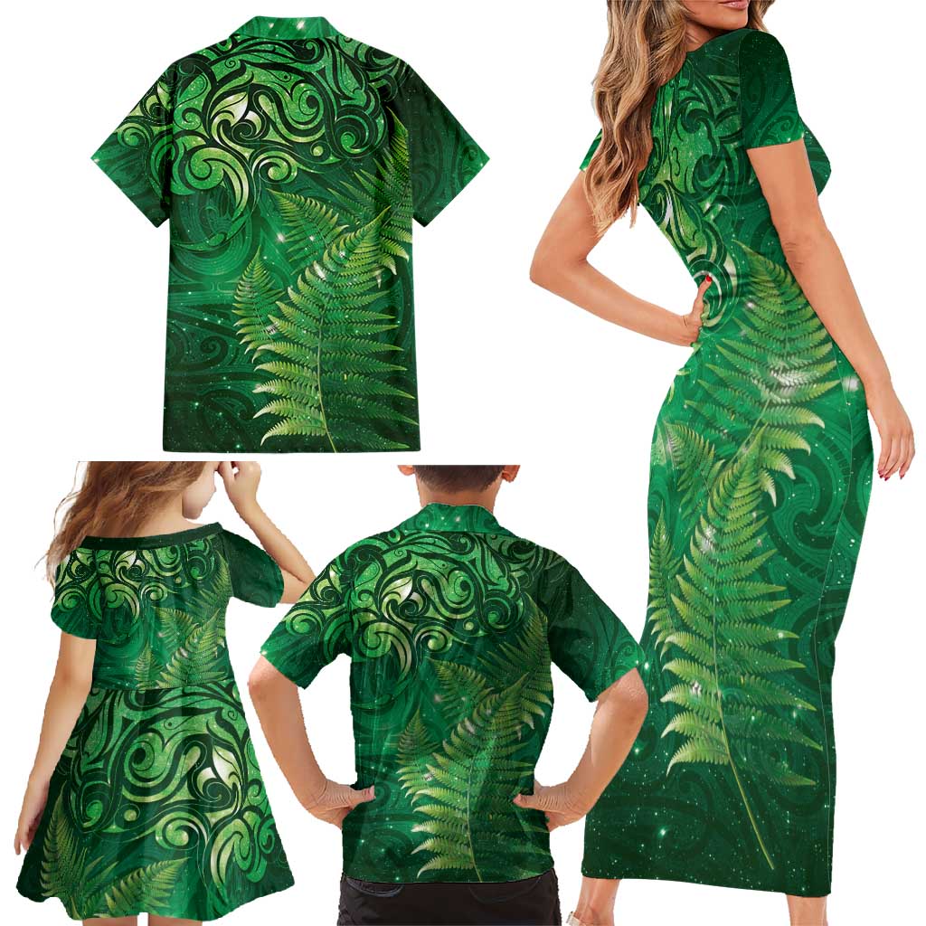Matariki New Zealand Maori Silver Fern Family Matching Short Sleeve Bodycon Dress and Hawaiian Shirt Galaxy Green Sky Style