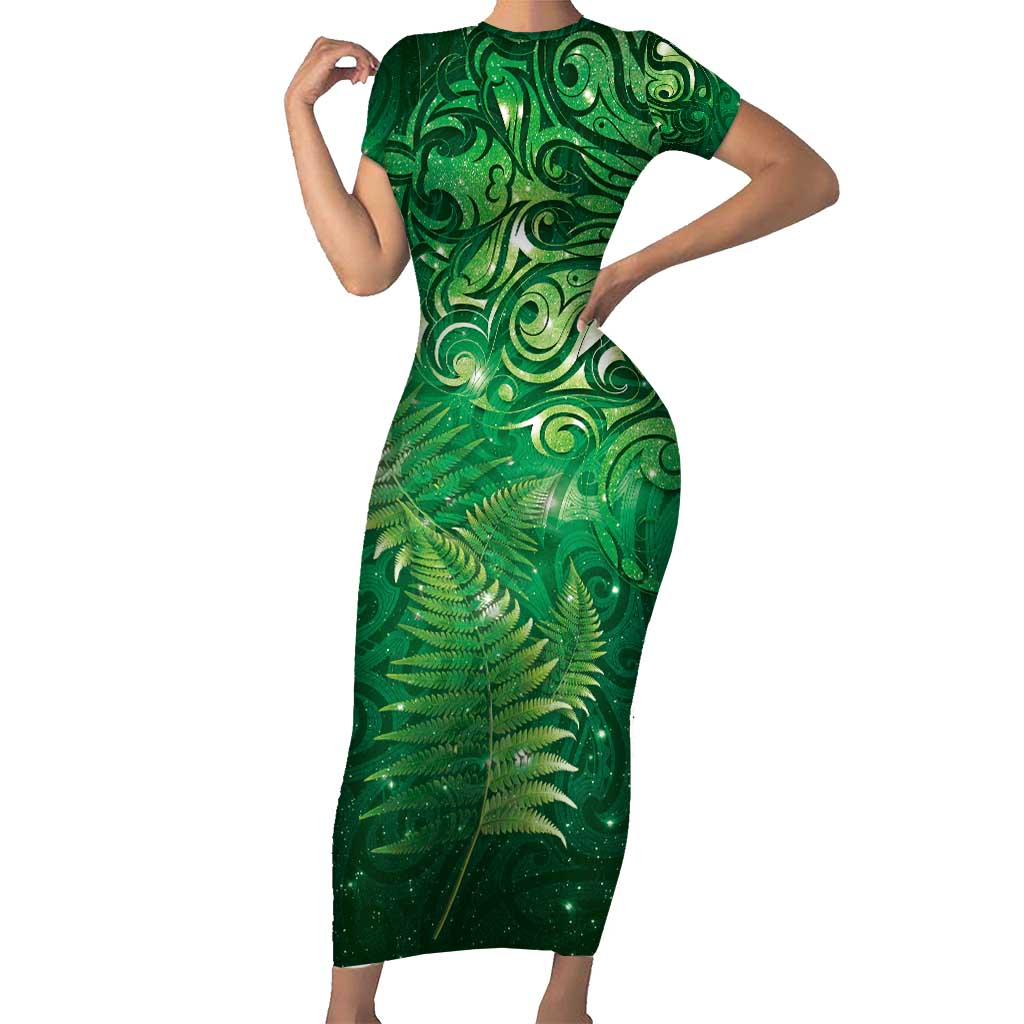 Matariki New Zealand Maori Silver Fern Family Matching Short Sleeve Bodycon Dress and Hawaiian Shirt Galaxy Green Sky Style