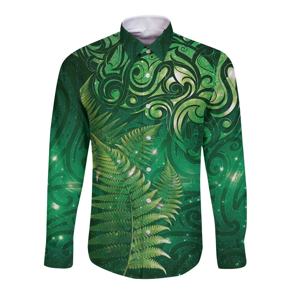 Matariki New Zealand Maori Silver Fern Long Sleeve Button Shirt Galaxy Green Sky Style