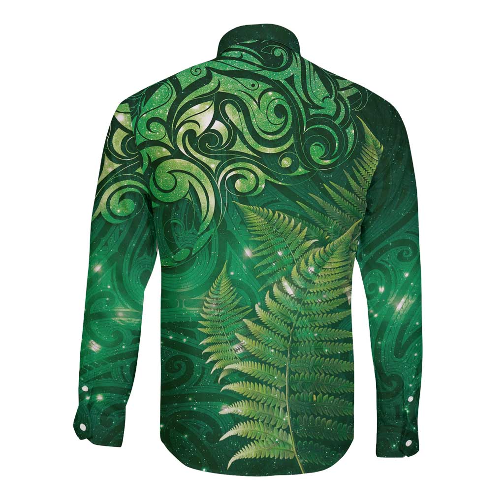 Matariki New Zealand Maori Silver Fern Long Sleeve Button Shirt Galaxy Green Sky Style