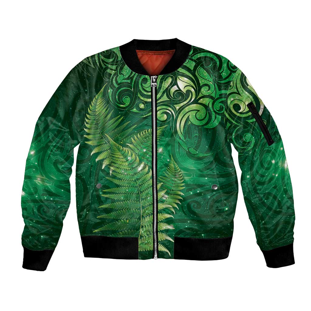 Matariki New Zealand Maori Silver Fern Sleeve Zip Bomber Jacket Galaxy Green Sky Style