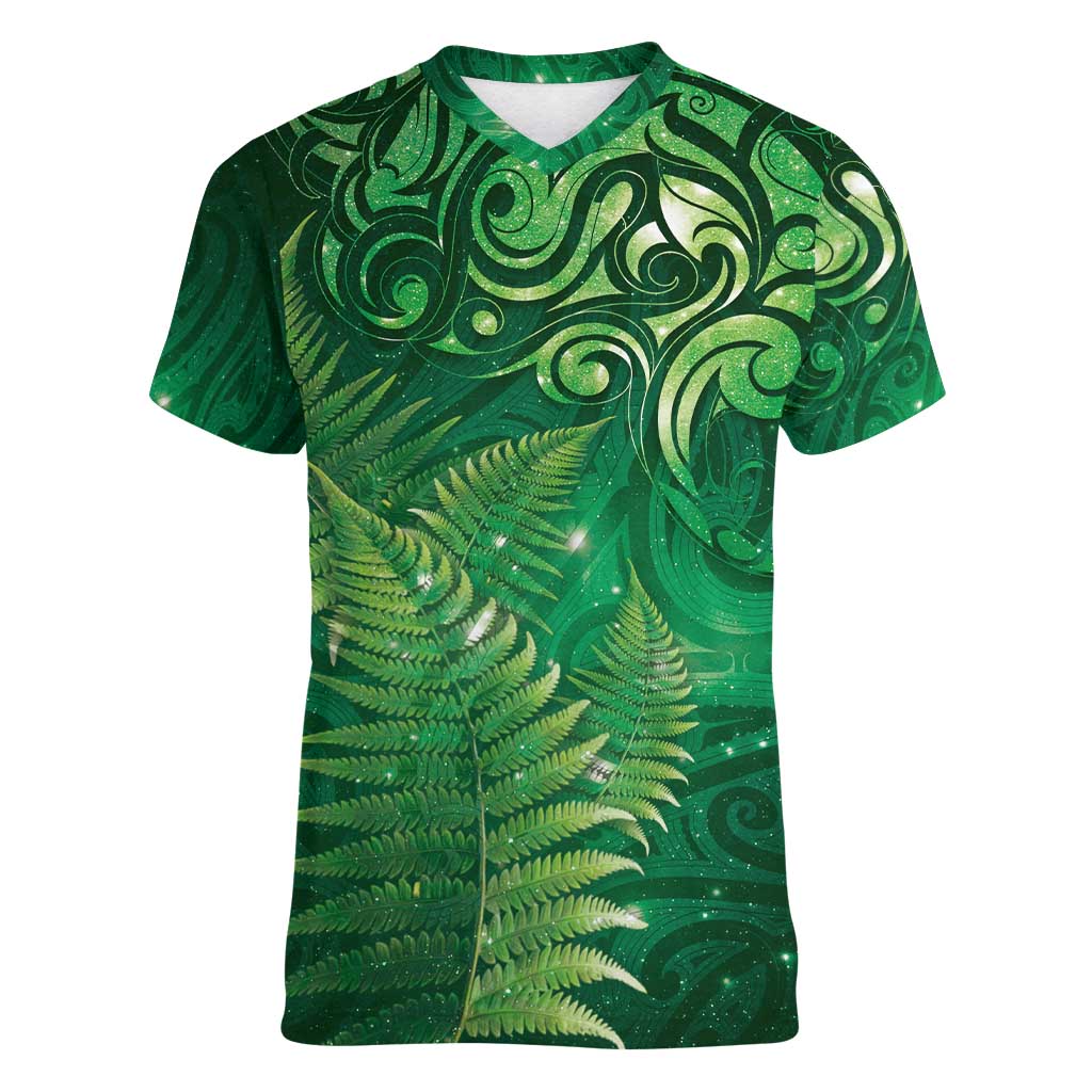 Matariki New Zealand Maori Silver Fern Women V-Neck T-Shirt Galaxy Green Sky Style