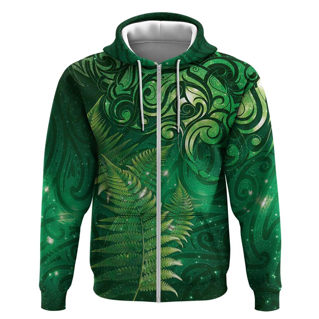 Matariki New Zealand Maori Silver Fern Zip Hoodie Galaxy Green Sky Style