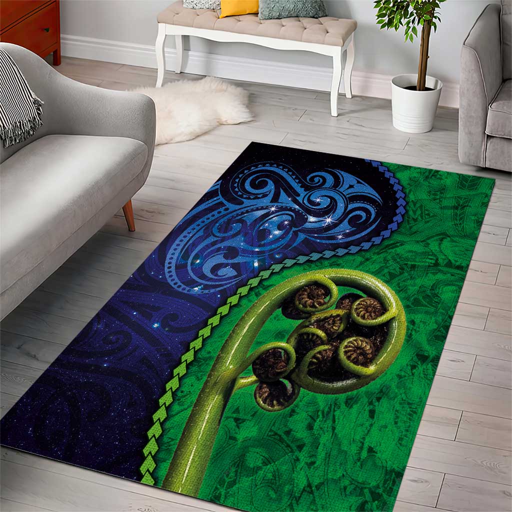 New Zealand Matariki Fern Frond Koru Area Rug with Galaxy Blue Sky and Green Paua Shell Art