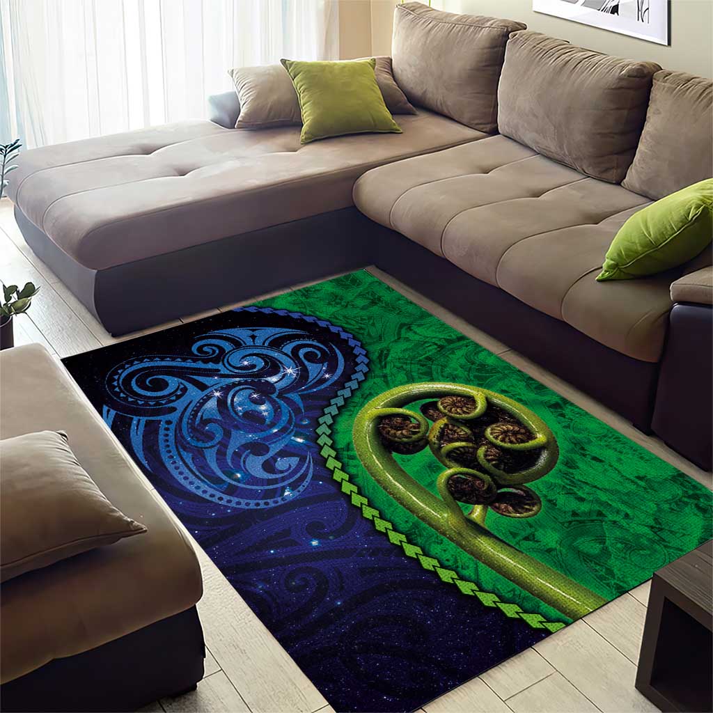 New Zealand Matariki Fern Frond Koru Area Rug with Galaxy Blue Sky and Green Paua Shell Art