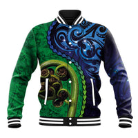 New Zealand Matariki Fern Frond Koru Baseball Jacket with Galaxy Blue Sky and Green Paua Shell Art