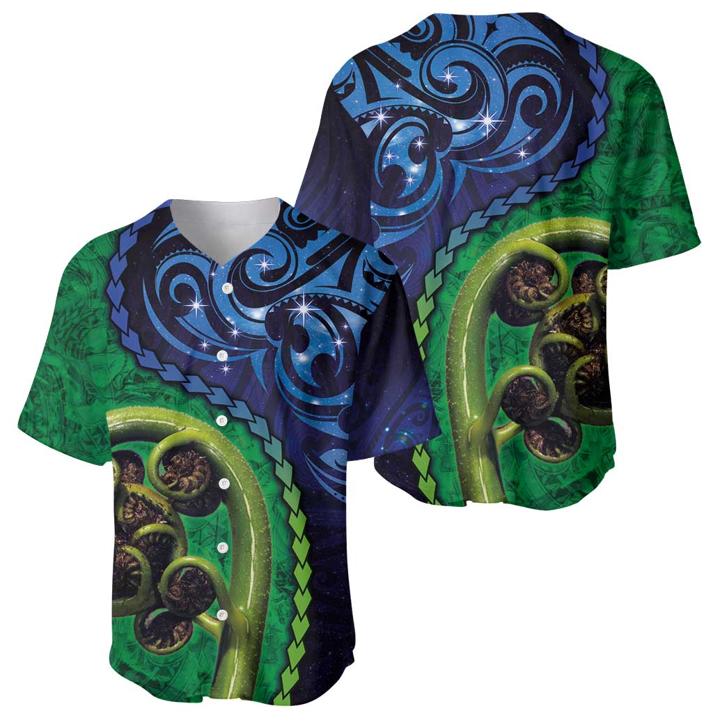 New Zealand Matariki Fern Frond Koru Baseball Jersey with Galaxy Blue Sky and Green Paua Shell Art
