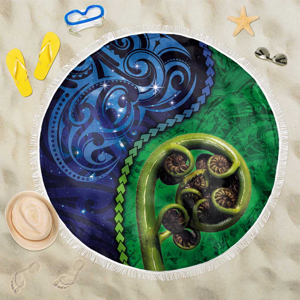 New Zealand Matariki Fern Frond Koru Beach Blanket with Galaxy Blue Sky and Green Paua Shell Art