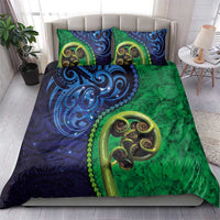 New Zealand Matariki Fern Frond Koru Bedding Set with Galaxy Blue Sky and Green Paua Shell Art