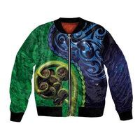New Zealand Matariki Fern Frond Koru Bomber Jacket with Galaxy Blue Sky and Green Paua Shell Art