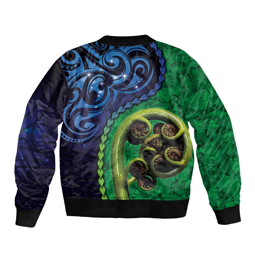 New Zealand Matariki Fern Frond Koru Bomber Jacket with Galaxy Blue Sky and Green Paua Shell Art