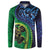 New Zealand Matariki Fern Frond Koru Button Sweatshirt with Galaxy Blue Sky and Green Paua Shell Art
