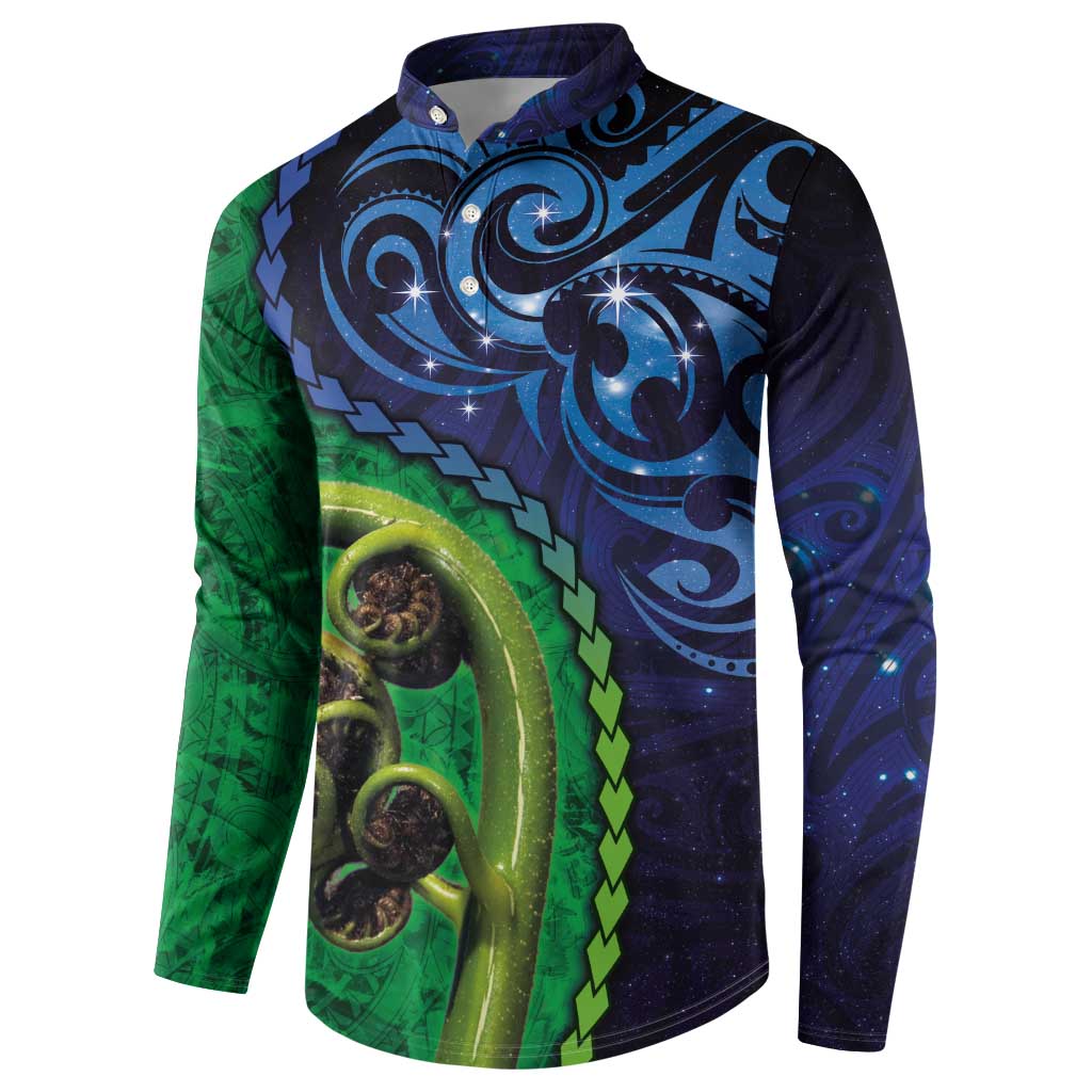 New Zealand Matariki Fern Frond Koru Button Sweatshirt with Galaxy Blue Sky and Green Paua Shell Art