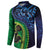 New Zealand Matariki Fern Frond Koru Button Sweatshirt with Galaxy Blue Sky and Green Paua Shell Art