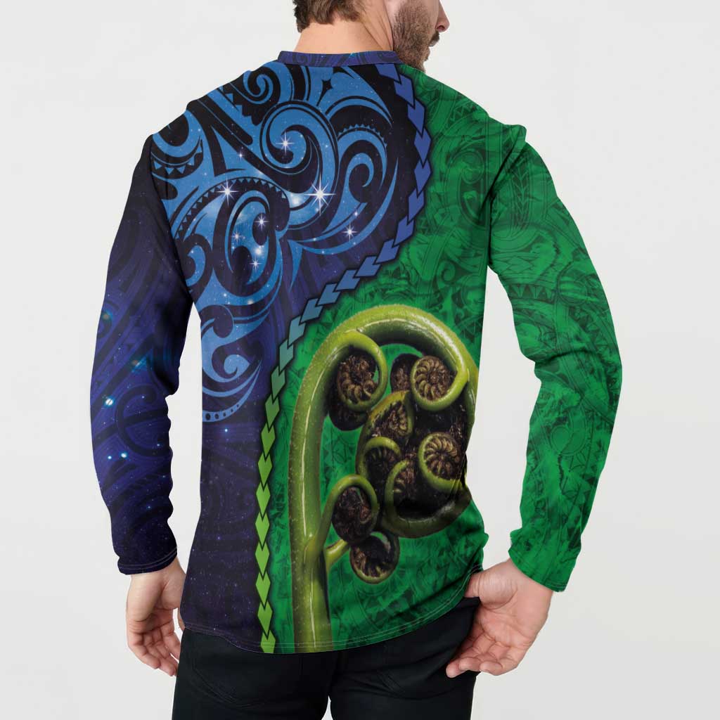 New Zealand Matariki Fern Frond Koru Button Sweatshirt with Galaxy Blue Sky and Green Paua Shell Art