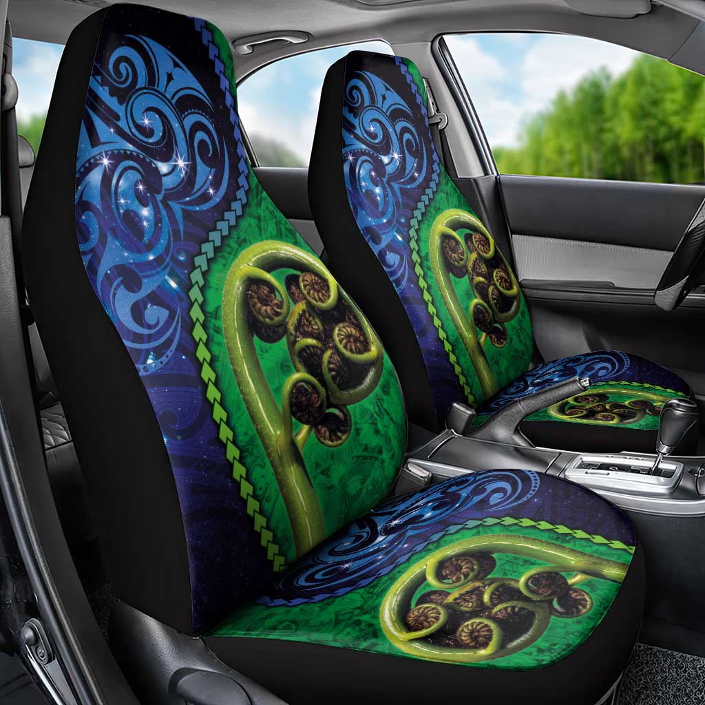 New Zealand Matariki Fern Frond Koru Car Seat Cover with Galaxy Blue Sky and Green Paua Shell Art